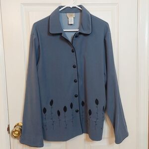 Teddi Vintage Blue Flower Embroidered Button Down Long Sleeve Blouse Size L